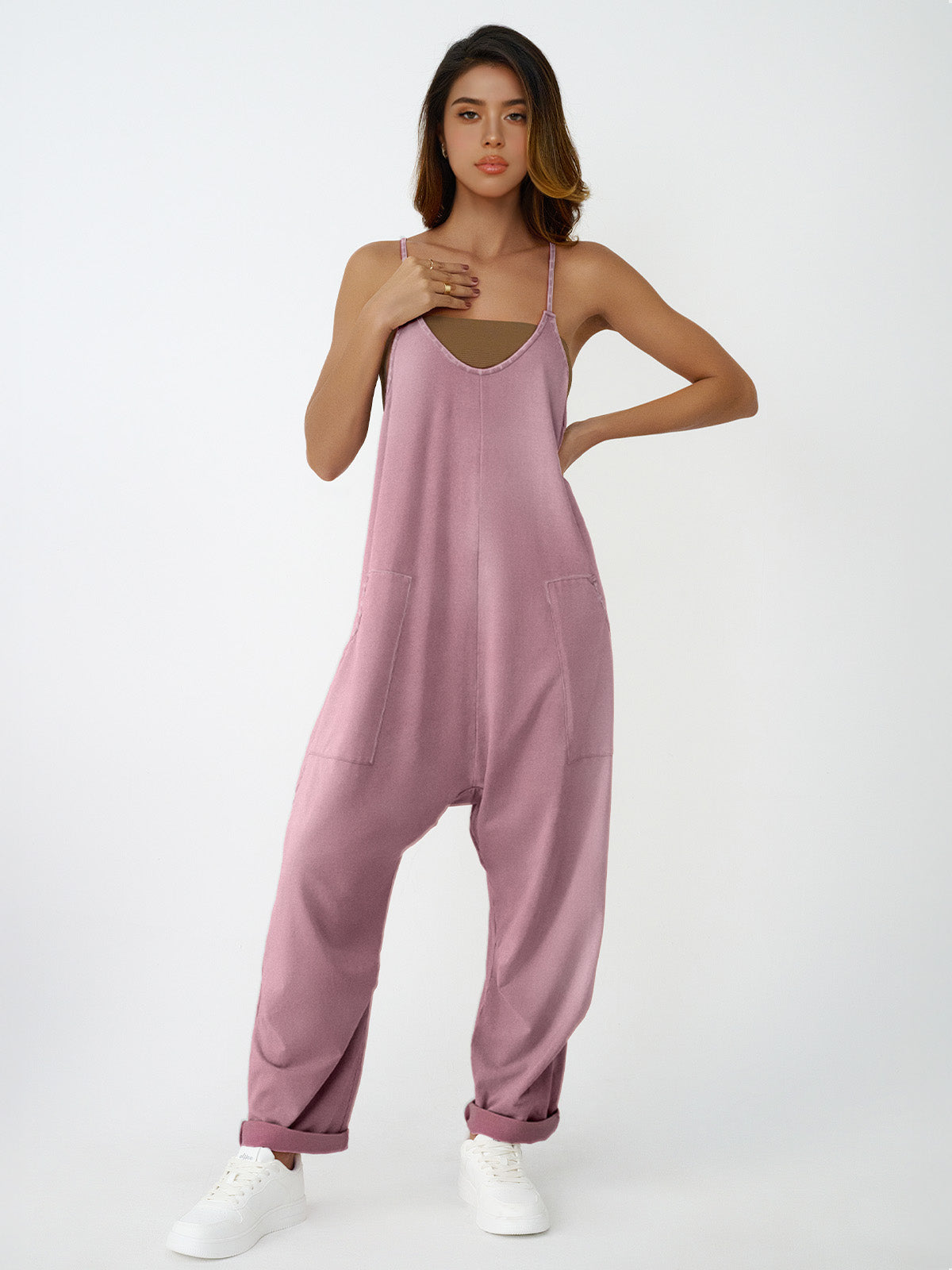 Women Casual Overalls Jumpsuits Loose Sleeveless Adjustable Spaghetti Strap Wide Leg Long Pants Romper with Pockets