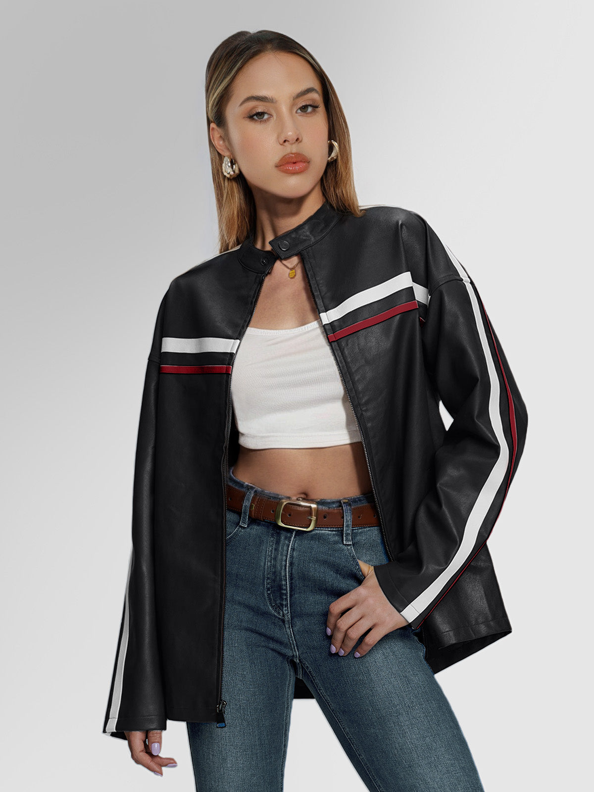AUTOMET Womens Faux Leather Jackets Bomber Oversized Motorcycle Jackets Collar Zip Up Coats Y2k Outfits