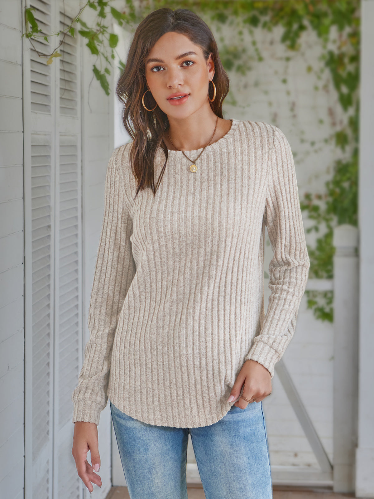 AUTOMET Women's Ribbed Lounge Set - Relaxed Long Sleeve Two-Piece