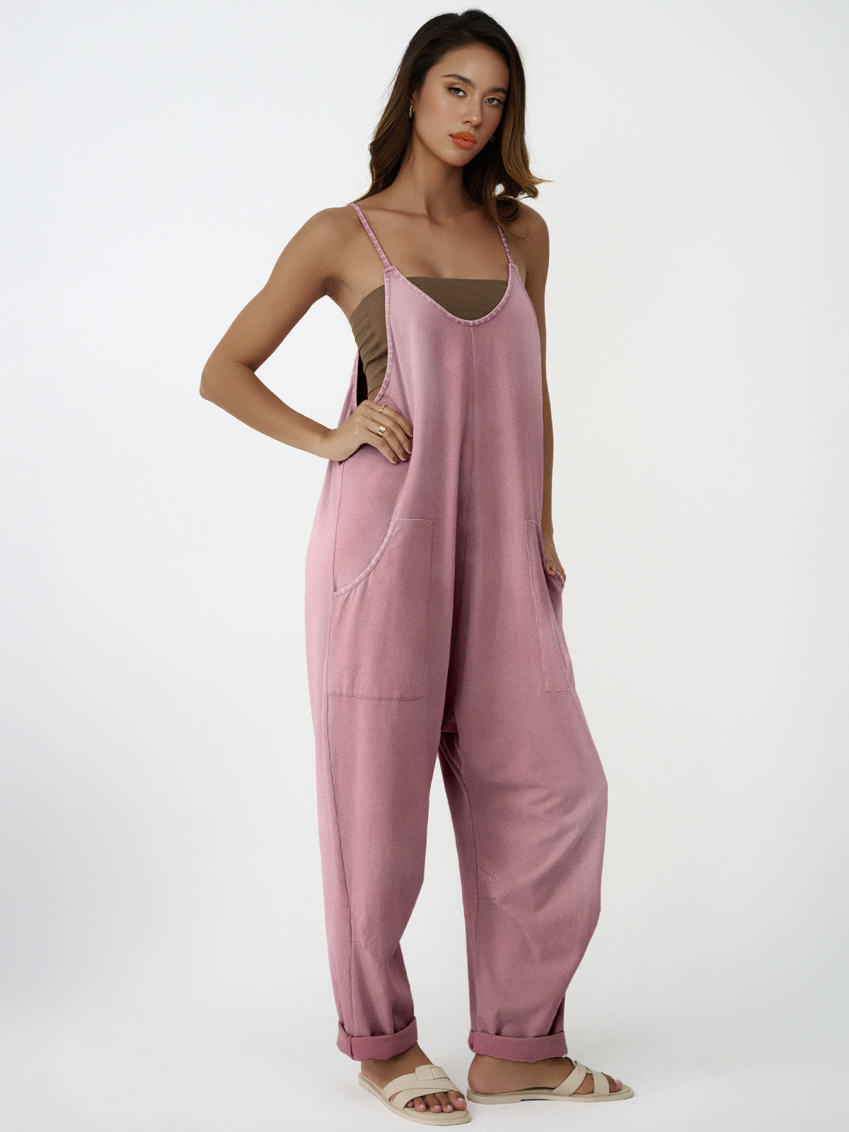 Women Casual Overalls Jumpsuits Loose Sleeveless Adjustable Spaghetti Strap Wide Leg Long Pants Romper with Pockets
