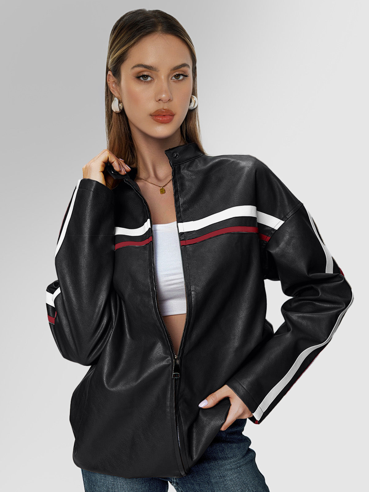 AUTOMET Womens Faux Leather Jackets Bomber Oversized Motorcycle Jackets Collar Zip Up Coats Y2k Outfits