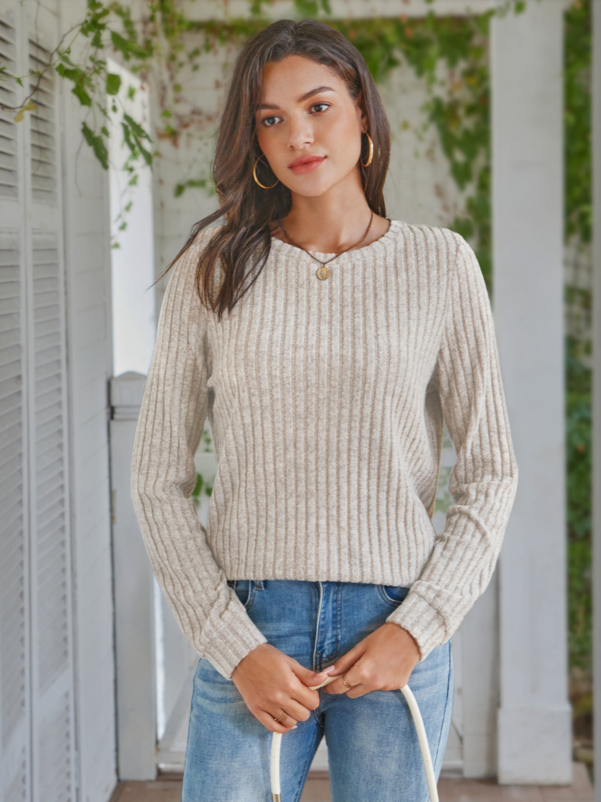 AUTOMET Women's Ribbed Lounge Set - Relaxed Long Sleeve Two-Piece