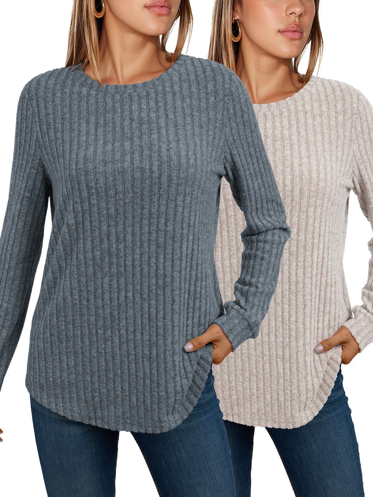 AUTOMET Women's Ribbed Lounge Set - Relaxed Long Sleeve Two-Piece