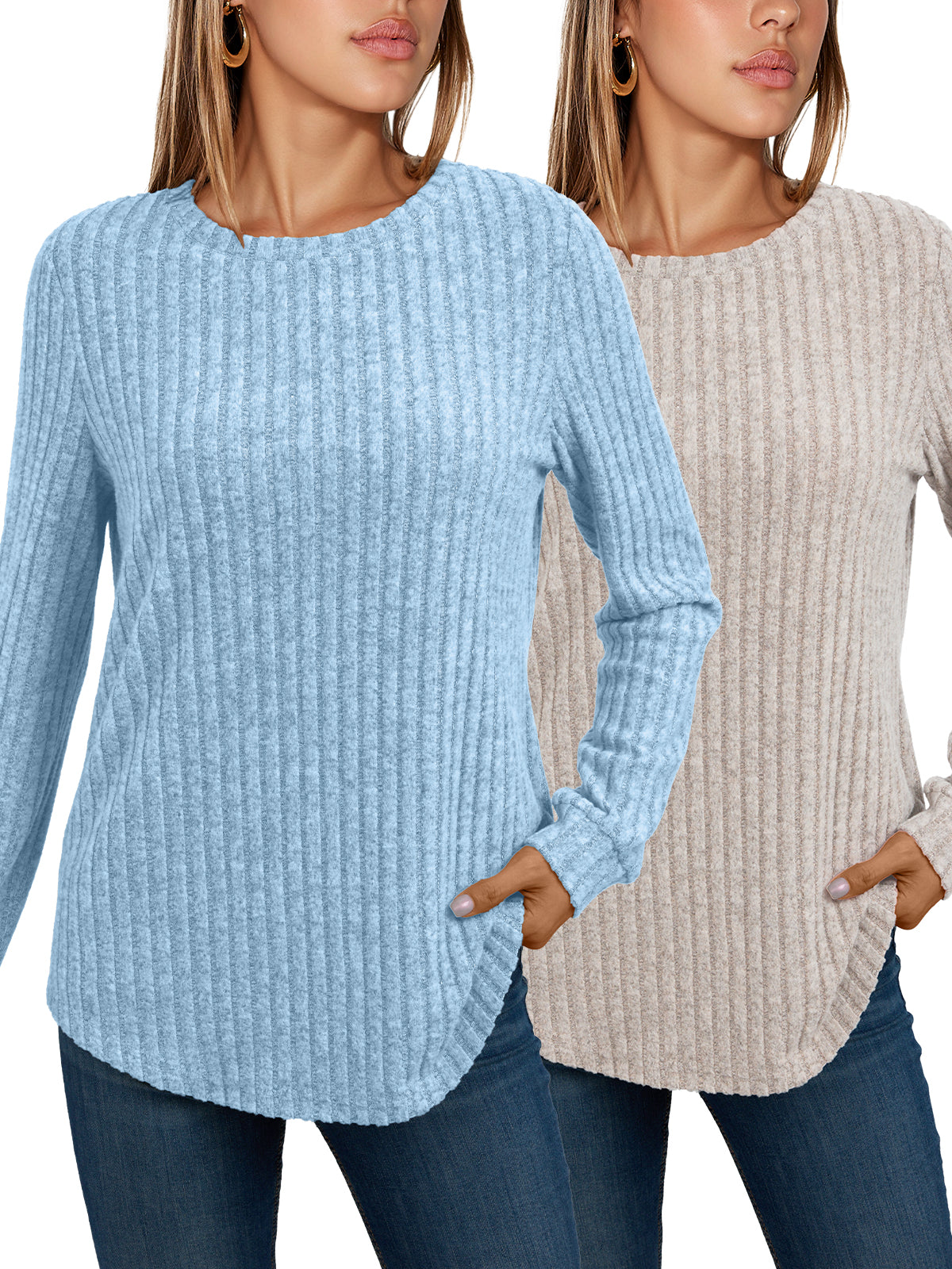 AUTOMET Women's Ribbed Lounge Set - Relaxed Long Sleeve Two-Piece