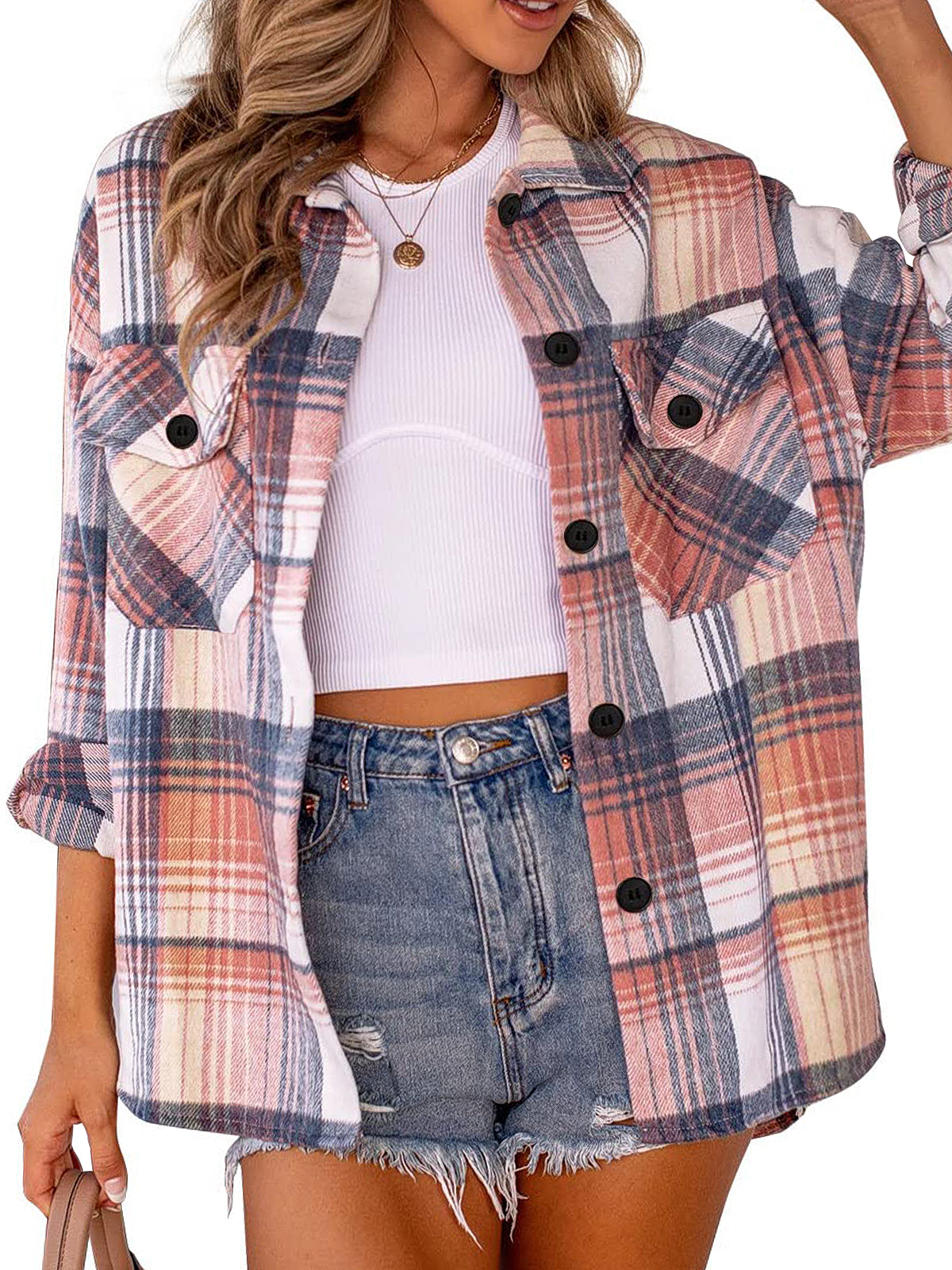 AUTOMET Women's Oversized Check Shirt Jacket