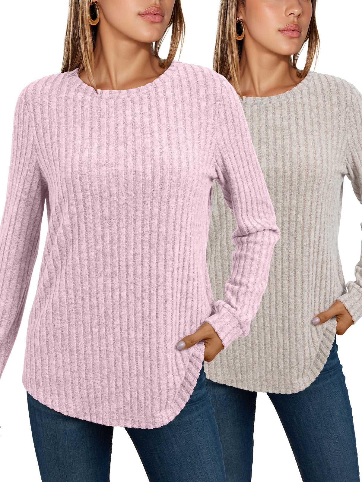 AUTOMET Women's Ribbed Lounge Set - Relaxed Long Sleeve Two-Piece