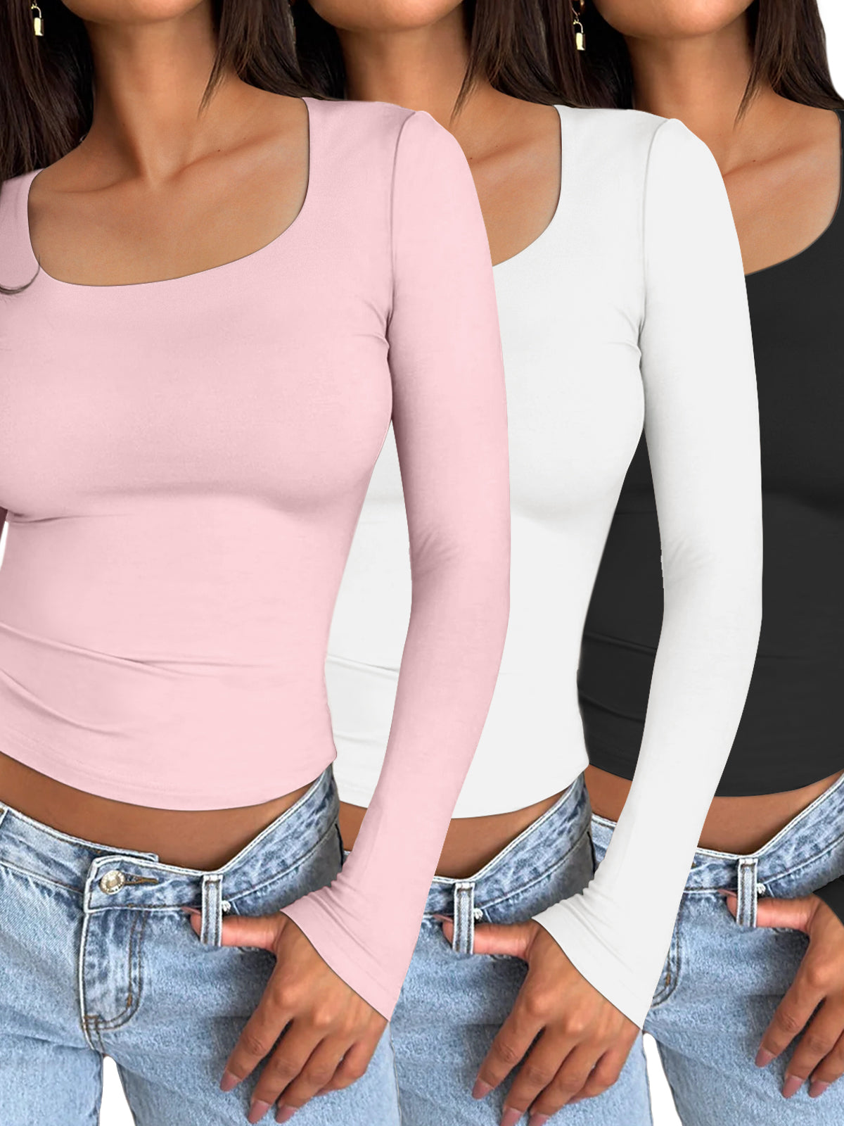 AUTOMET Women's 3-Pack Square Neck Long Sleeves