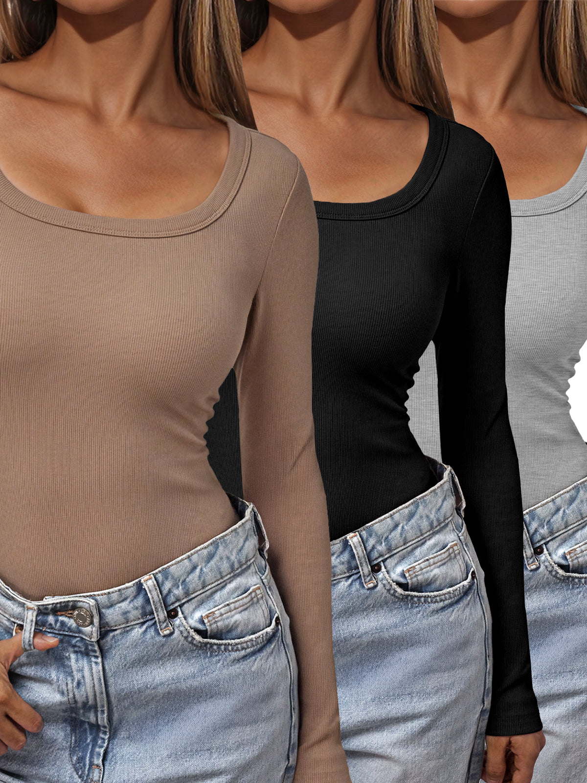 AUTOMET Women's 3-Pack U-Neck Long Sleeves