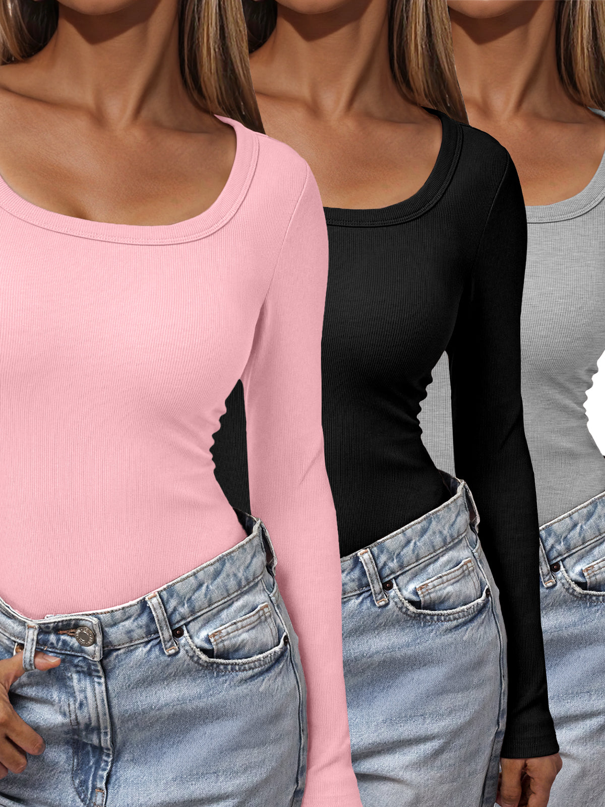 AUTOMET Women's 3-Pack U-Neck Long Sleeves