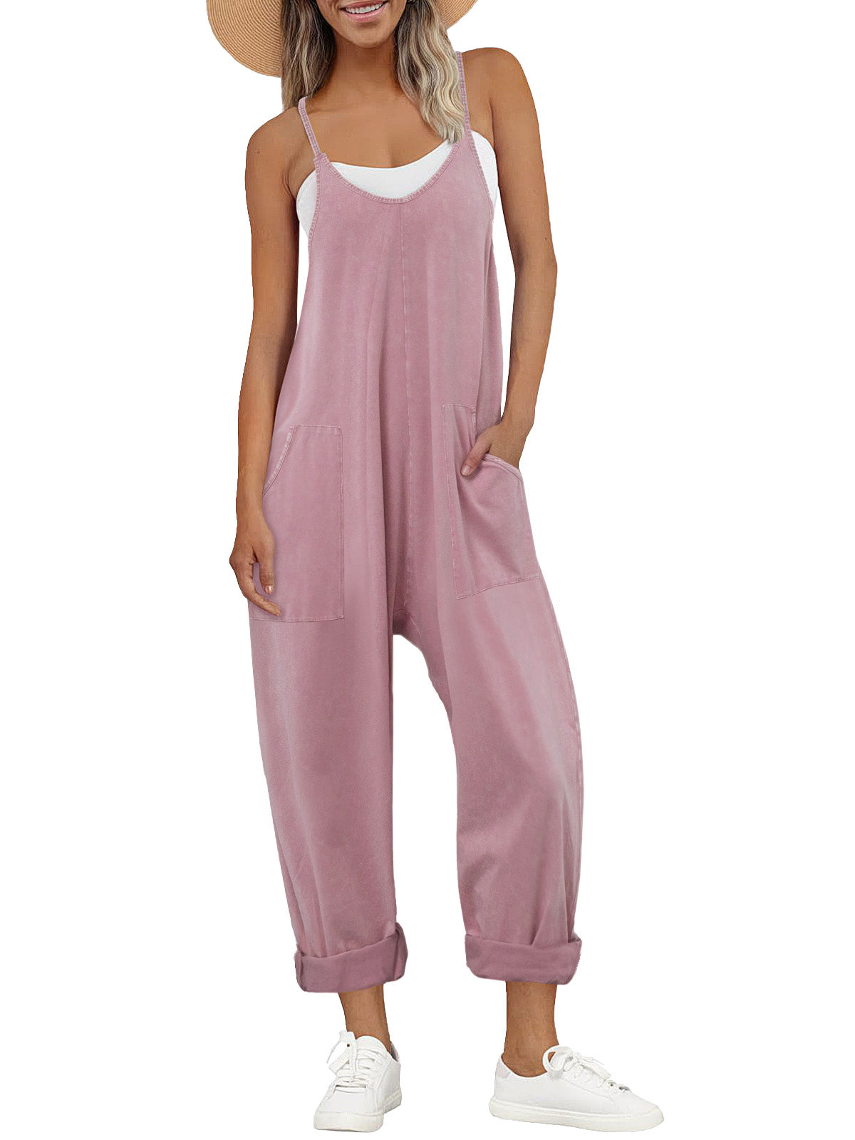 Women Casual Overalls Jumpsuits Loose Sleeveless Adjustable Spaghetti Strap Wide Leg Long Pants Romper with Pockets