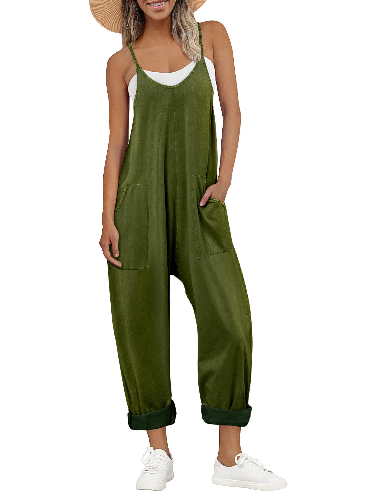 Women Casual Overalls Jumpsuits Loose Sleeveless Adjustable Spaghetti Strap Wide Leg Long Pants Romper with Pockets