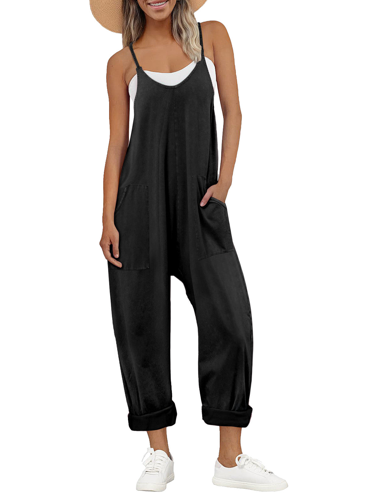 Women Casual Overalls Jumpsuits Loose Sleeveless Adjustable Spaghetti Strap Wide Leg Long Pants Romper with Pockets