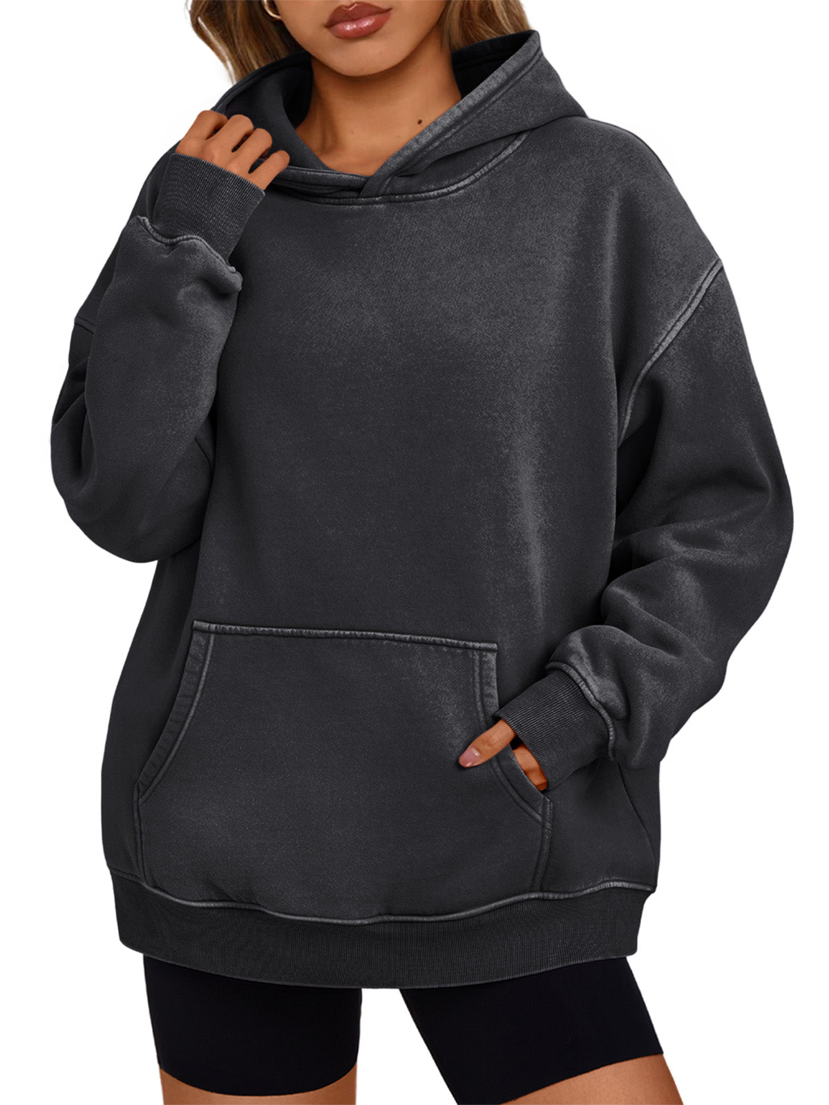 Women's Casual Hoodie Long Sleeve Solid Color Lightweight Pullover Loose Sweatshirt with Pockets