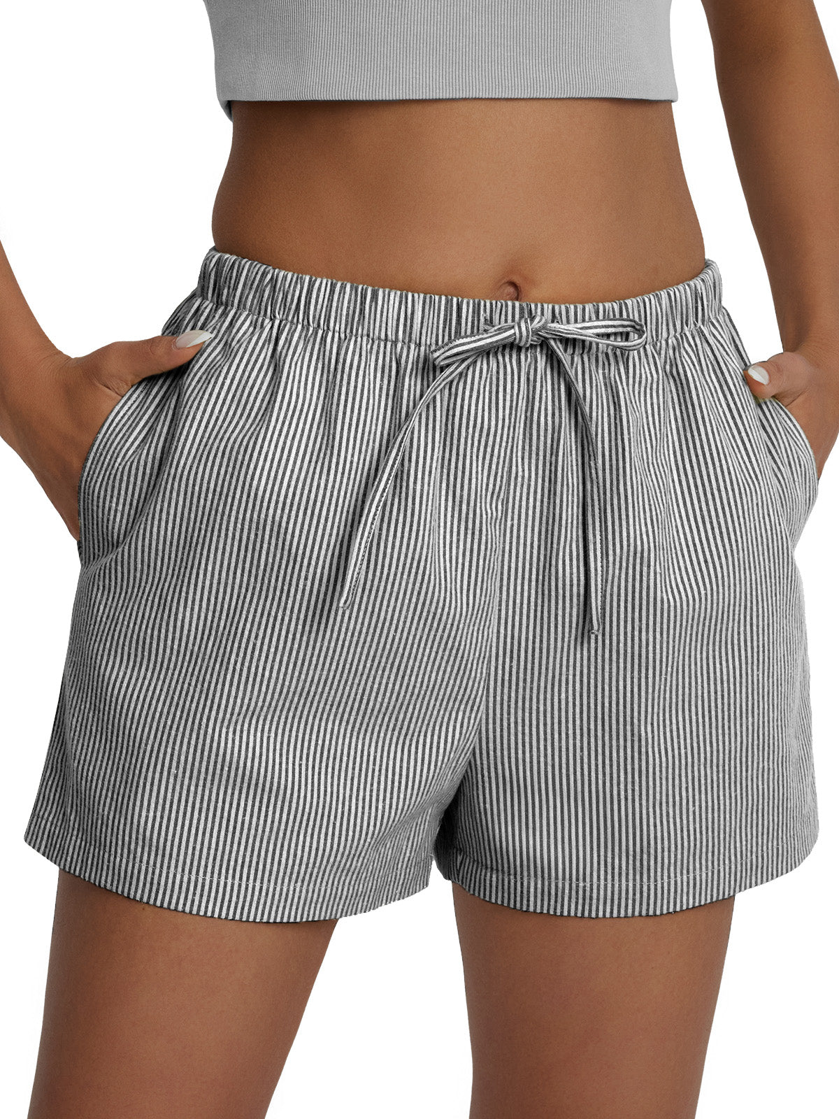Automet Striped Shorts for Women High Waisted Beach Casual Drawstring Pull On Elastic Waist Summer Shorts with Pockets