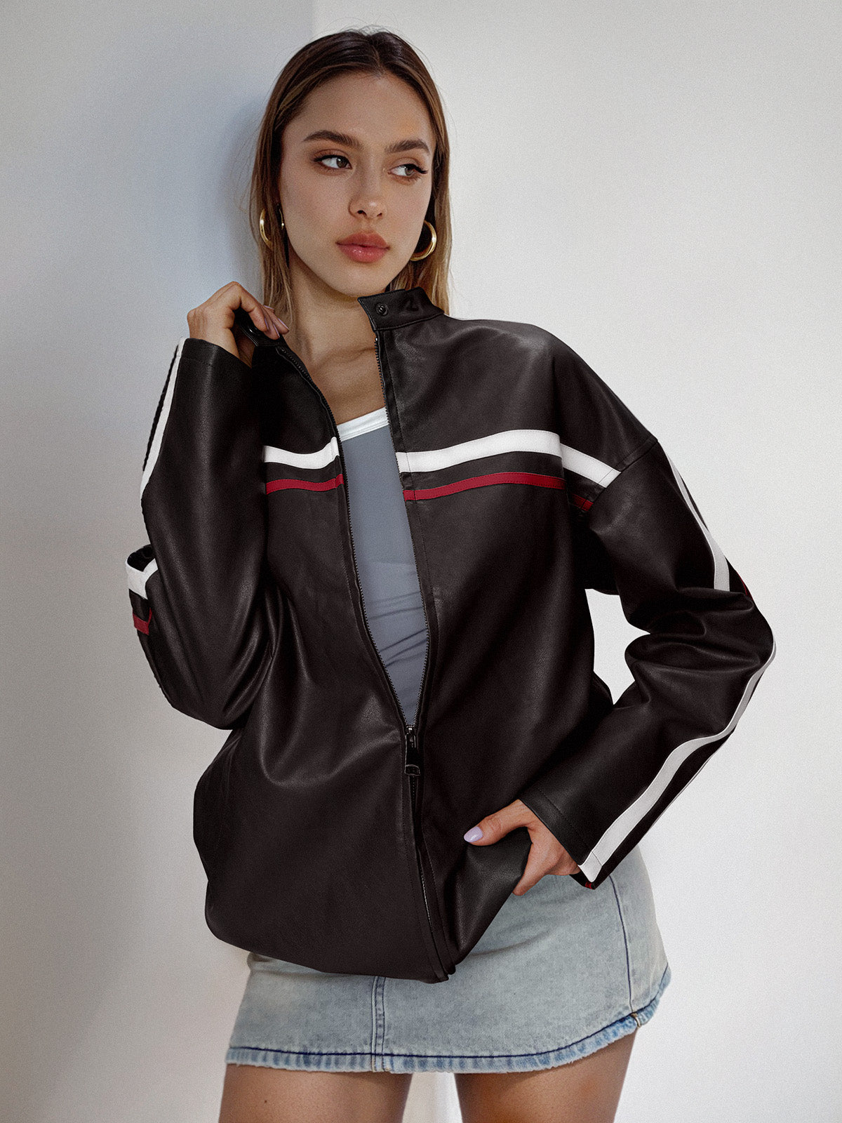 AUTOMET Womens Faux Leather Jackets Bomber Oversized Motorcycle Jackets Collar Zip Up Coats Y2k Outfits