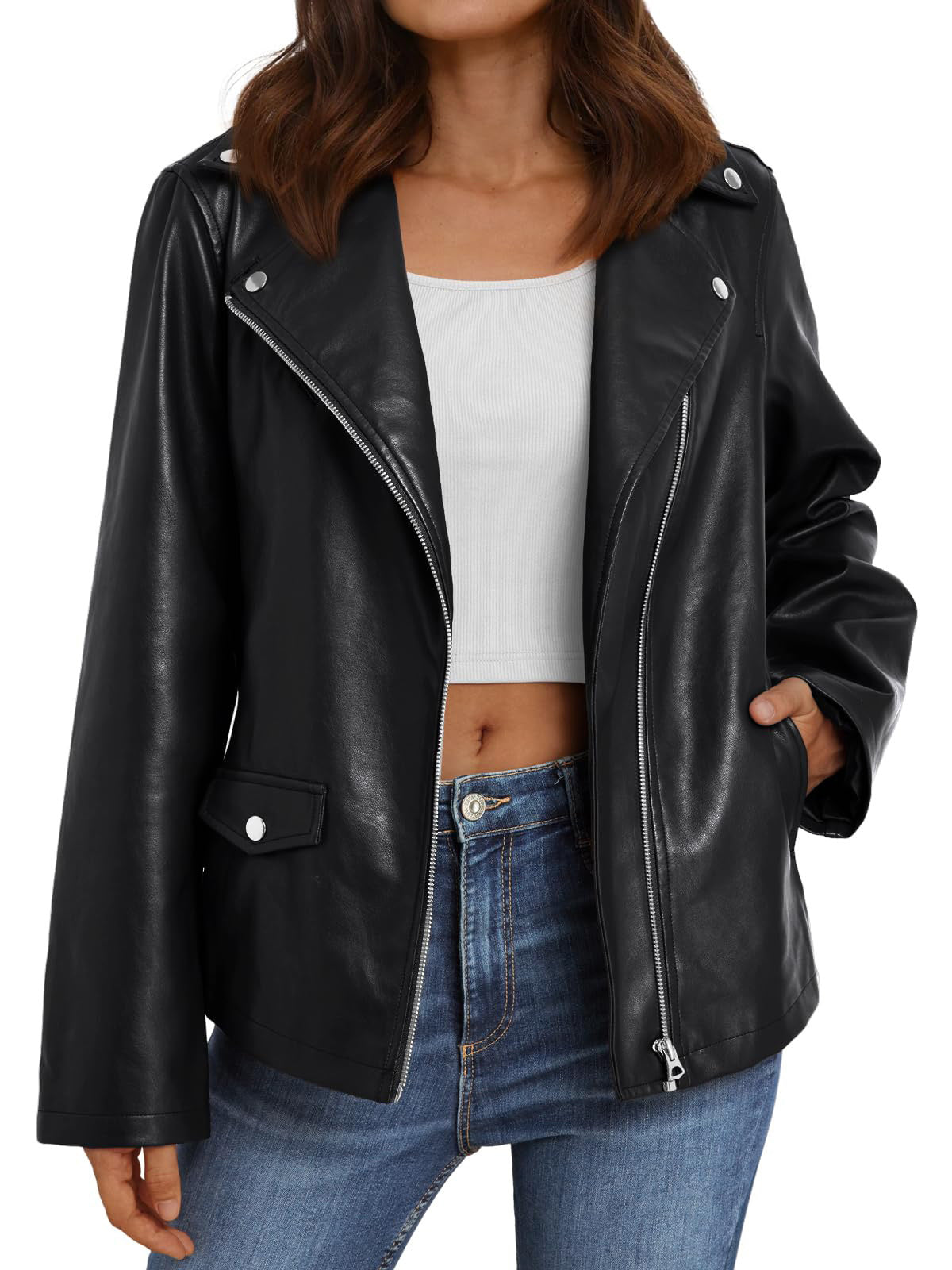 AUTOMET Womens Leather Jacket Fall Faux Suede Zip Up Motorcycle Biker Coat Outwear