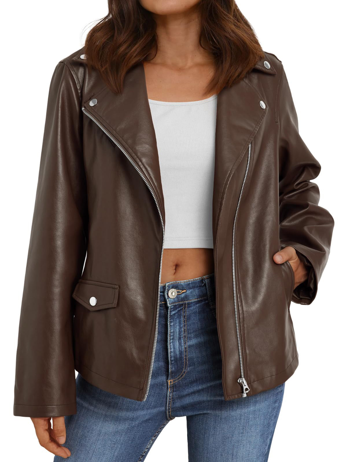 AUTOMET Womens Leather Jacket Fall Faux Suede Zip Up Motorcycle Biker Coat Outwear