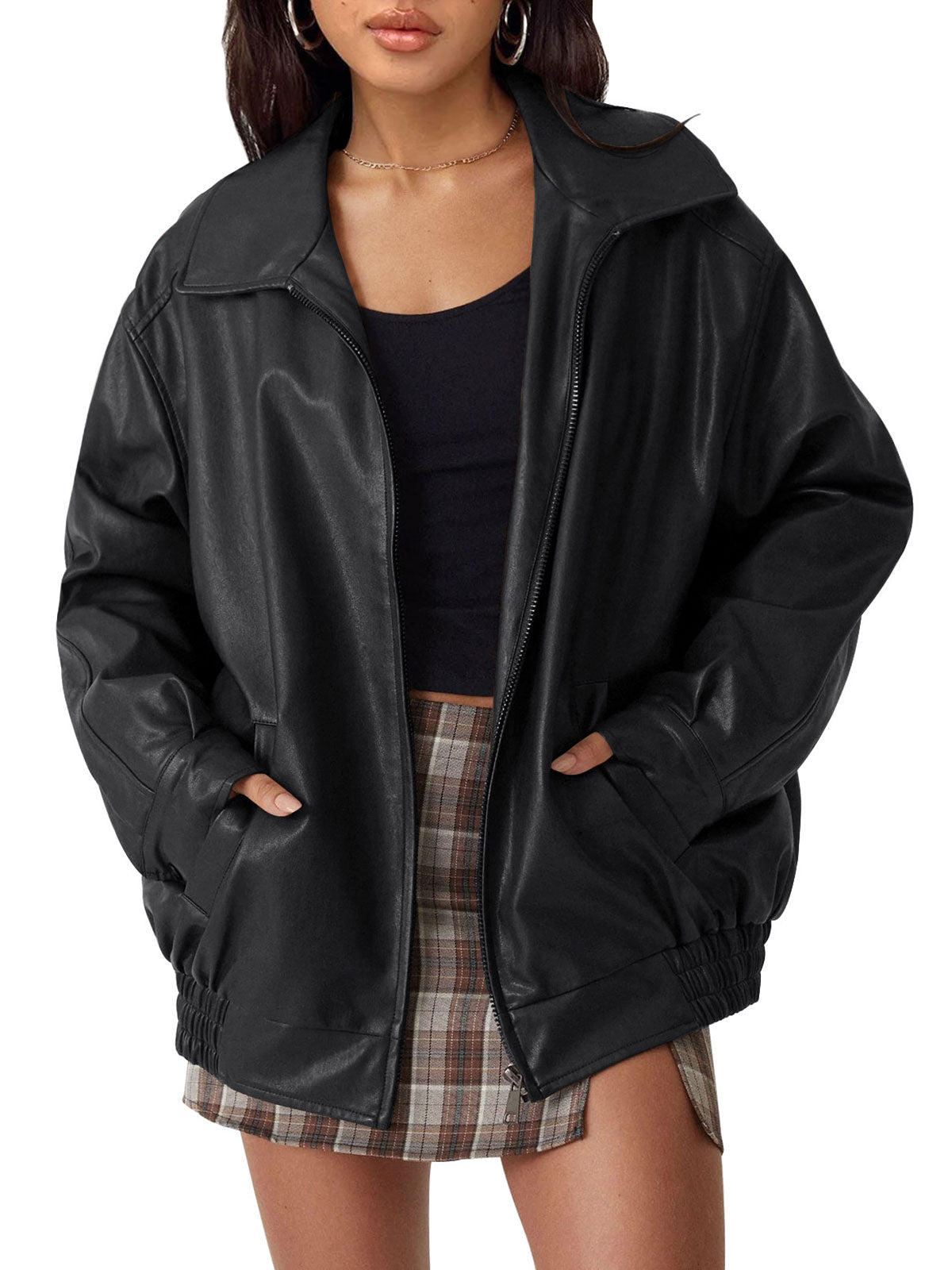 AUTOMET Women's Oversized Faux Leather Jacket for Fall and Winter Boyfriend Biker Moto Coat, Medium weight Fall Bomber Jackets, Winter Outerwear