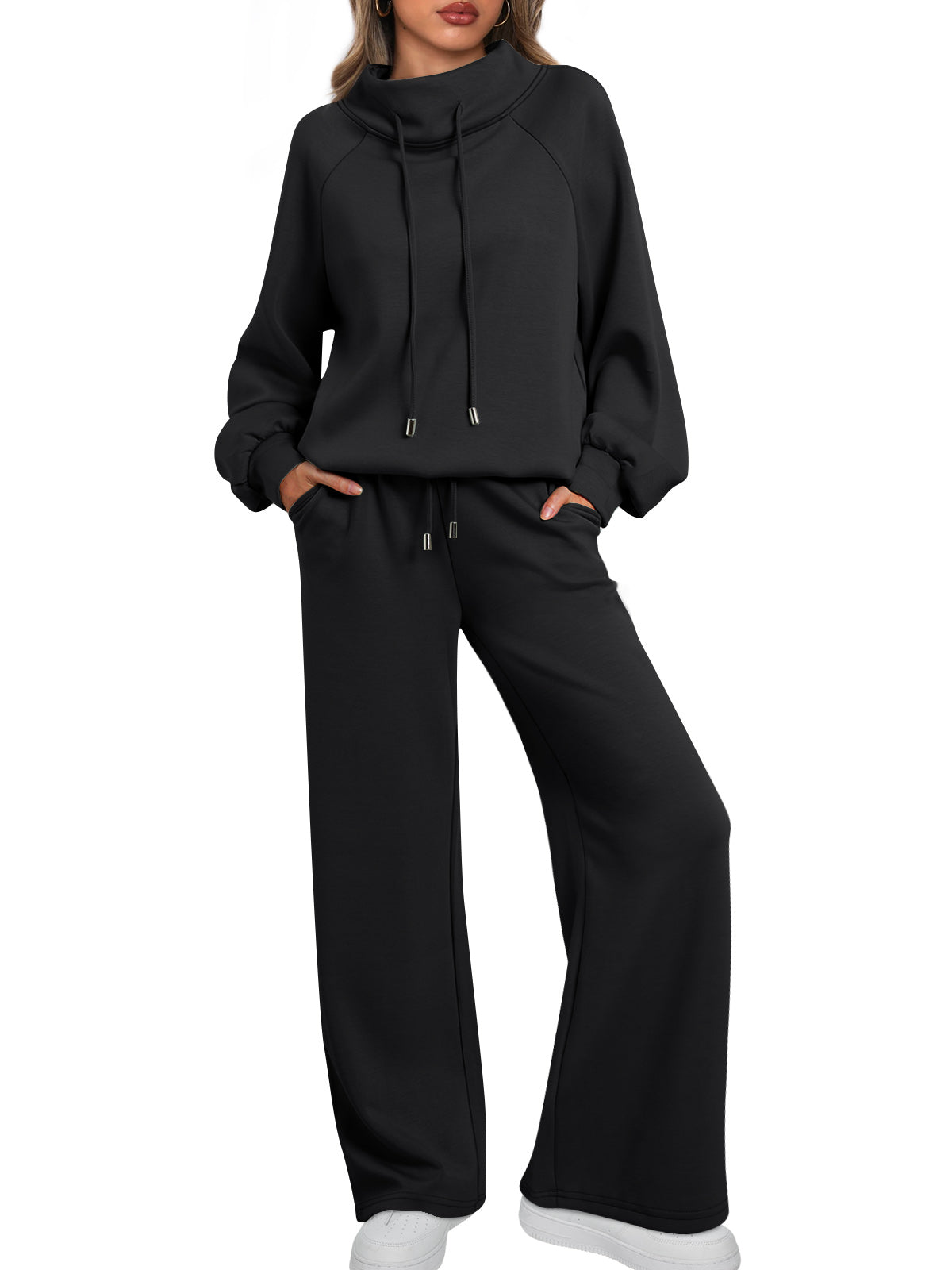 AUTOMET Womens Mock Neck 2 Piece Lounge Sweat Sets Matching Fall Fashion
Drawstring Sweatshirts,Wide Leg Sweatpants,Elastic Waistband,Side Pockets
