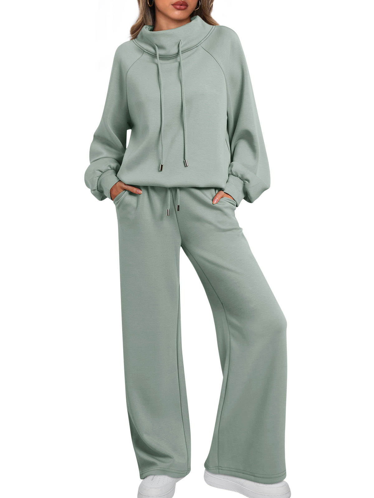 AUTOMET Womens Mock Neck 2 Piece Lounge Sweat Sets Matching Fall Fashion
Drawstring Sweatshirts,Wide Leg Sweatpants,Elastic Waistband,Side Pockets