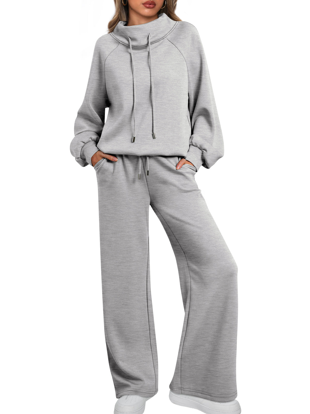 AUTOMET Womens Mock Neck 2 Piece Lounge Sweat Sets Matching Fall Fashion
Drawstring Sweatshirts,Wide Leg Sweatpants,Elastic Waistband,Side Pockets