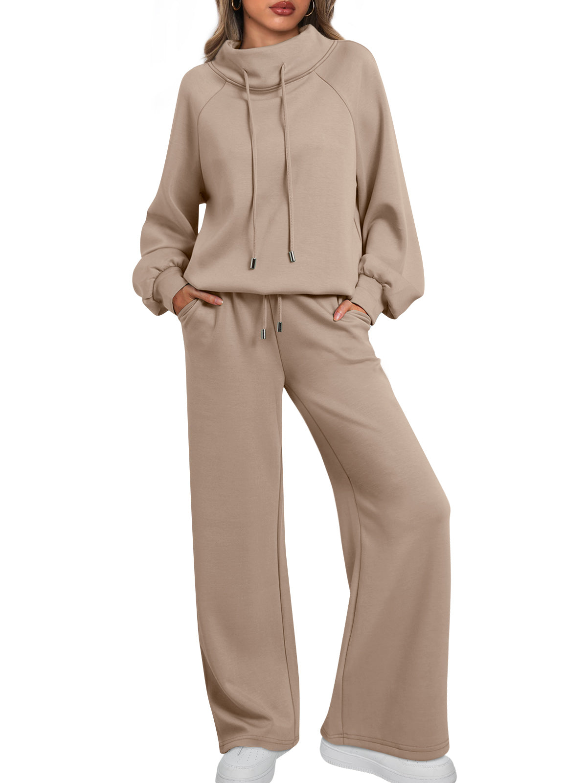 AUTOMET Womens Mock Neck 2 Piece Lounge Sweat Sets Matching Fall Fashion
Drawstring Sweatshirts,Wide Leg Sweatpants,Elastic Waistband,Side Pockets