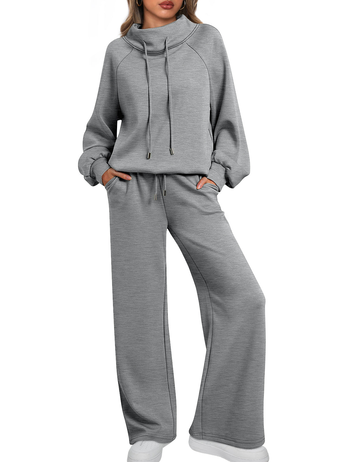 AUTOMET Womens Mock Neck 2 Piece Lounge Sweat Sets Matching Fall Fashion
Drawstring Sweatshirts,Wide Leg Sweatpants,Elastic Waistband,Side Pockets