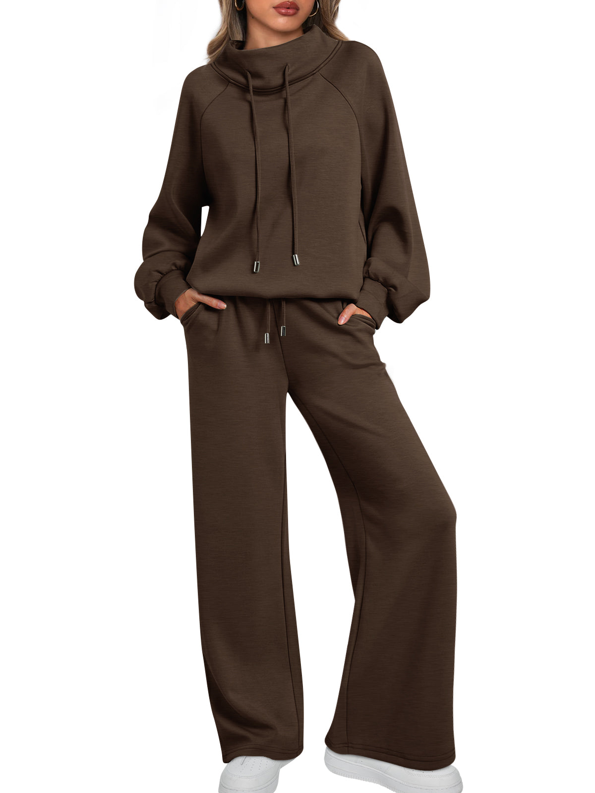 AUTOMET Womens Mock Neck 2 Piece Lounge Sweat Sets Matching Fall Fashion
Drawstring Sweatshirts,Wide Leg Sweatpants,Elastic Waistband,Side Pockets