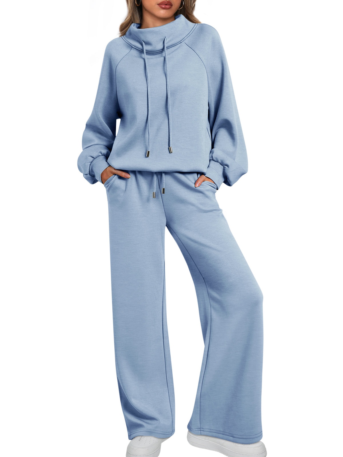 AUTOMET Womens Mock Neck 2 Piece Lounge Sweat Sets Matching Fall Fashion
Drawstring Sweatshirts,Wide Leg Sweatpants,Elastic Waistband,Side Pockets
