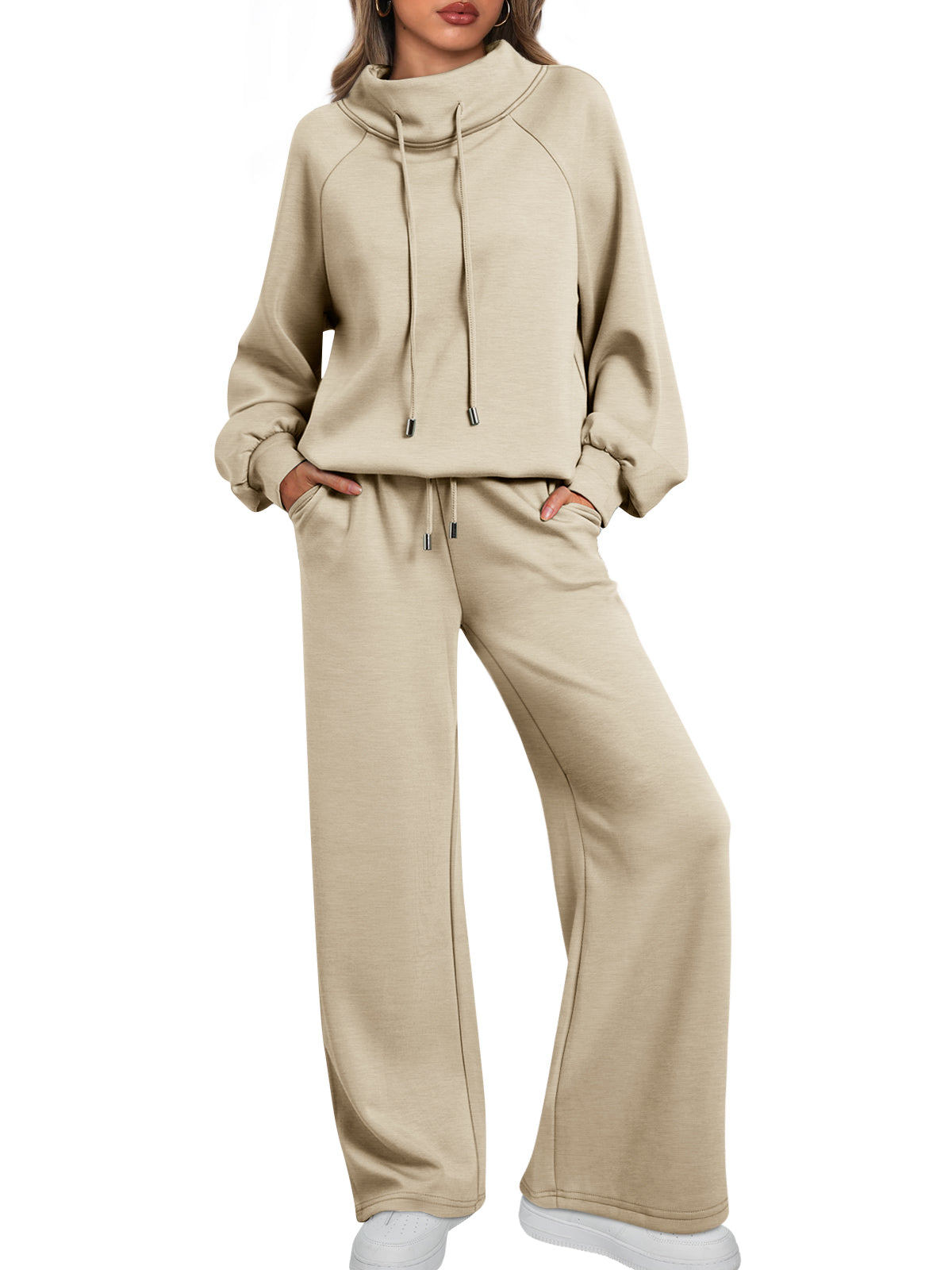 AUTOMET Womens Mock Neck 2 Piece Lounge Sweat Sets Matching Fall Fashion
Drawstring Sweatshirts,Wide Leg Sweatpants,Elastic Waistband,Side Pockets