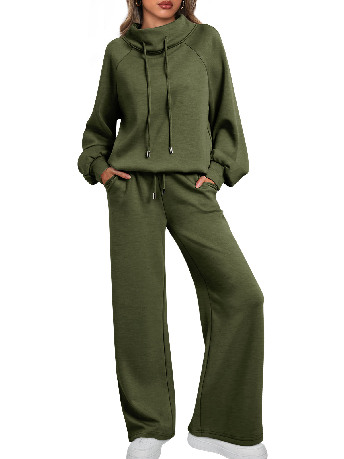 AUTOMET Womens Mock Neck 2 Piece Lounge Sweat Sets Matching Fall Fashion
Drawstring Sweatshirts,Wide Leg Sweatpants,Elastic Waistband,Side Pockets