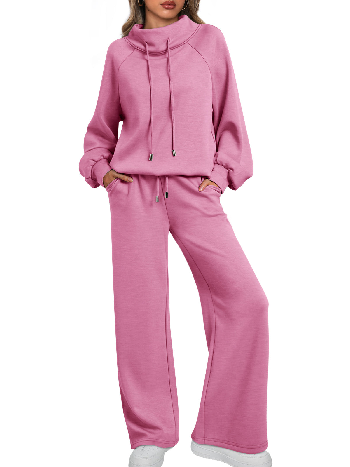 AUTOMET Womens Mock Neck 2 Piece Lounge Sweat Sets Matching Fall Fashion
Drawstring Sweatshirts,Wide Leg Sweatpants,Elastic Waistband,Side Pockets