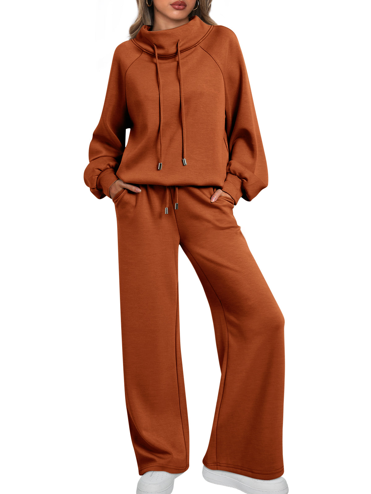 AUTOMET Womens Mock Neck 2 Piece Lounge Sweat Sets Matching Fall Fashion
Drawstring Sweatshirts,Wide Leg Sweatpants,Elastic Waistband,Side Pockets