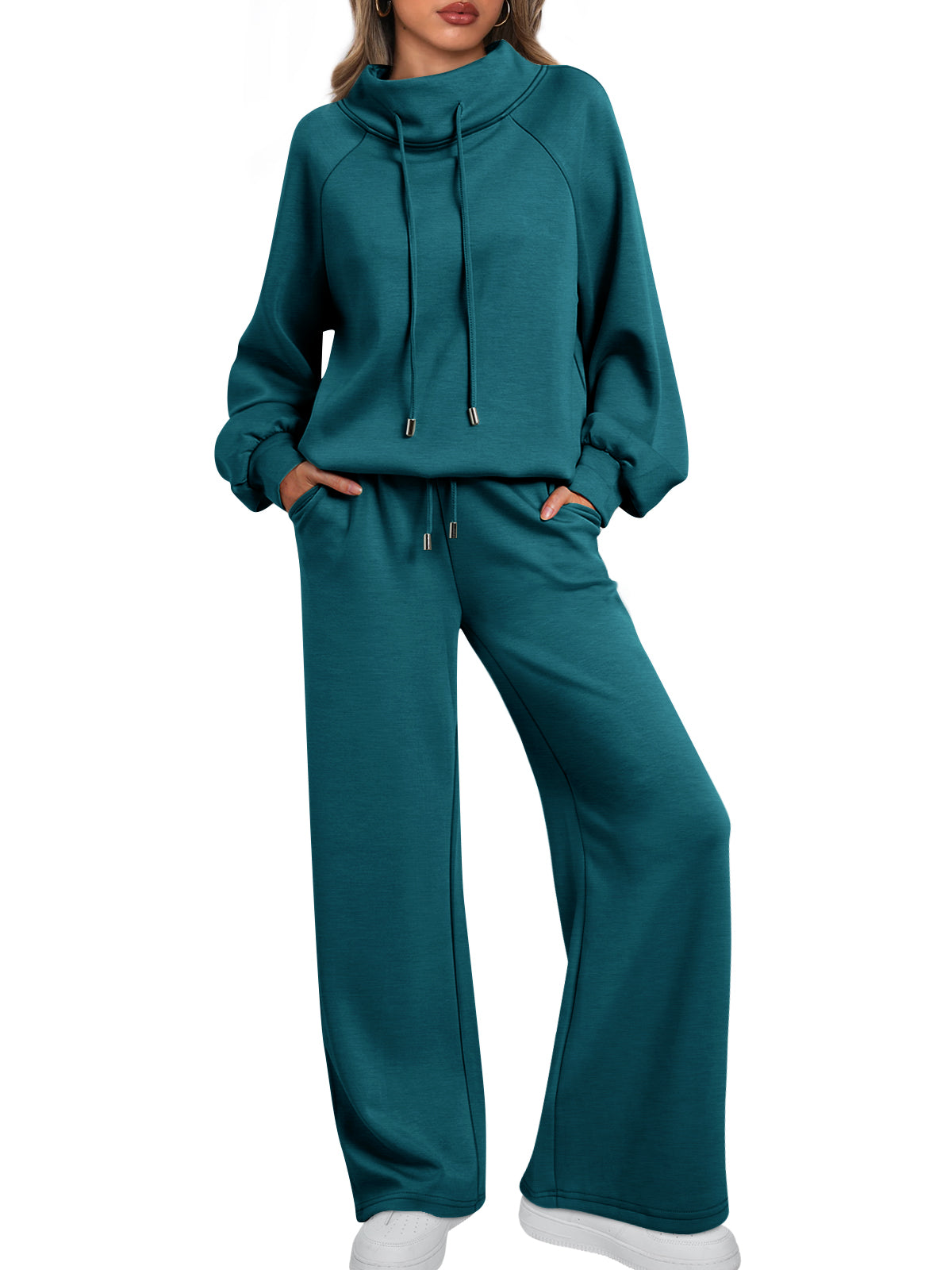 AUTOMET Womens Mock Neck 2 Piece Lounge Sweat Sets Matching Fall Fashion
Drawstring Sweatshirts,Wide Leg Sweatpants,Elastic Waistband,Side Pockets
