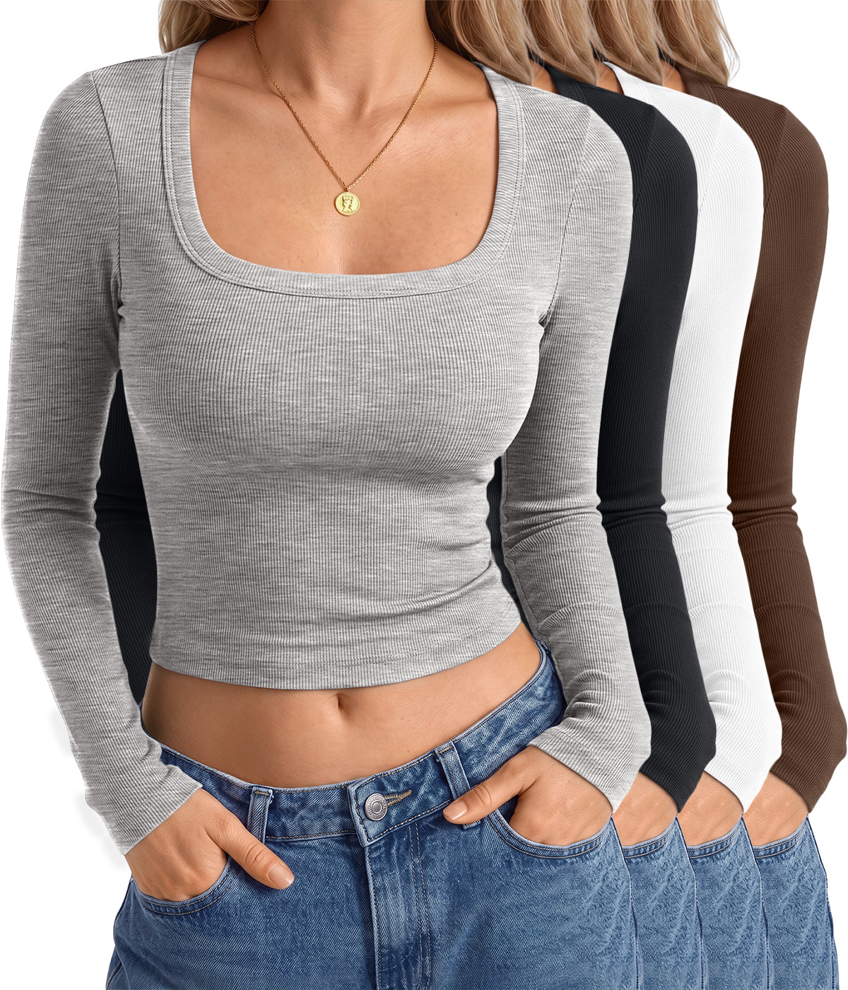 AUTOMET Womens 4 Pack Crop Tops 2026 Fall Fashion Long Sleeve Ribbed Shirts | Scoop Neck Slim Fit Basics, Winter Staple, Underscrub, Going Out Outfits, Chic Cute Y2K Clothes, Versatile Casual Wear