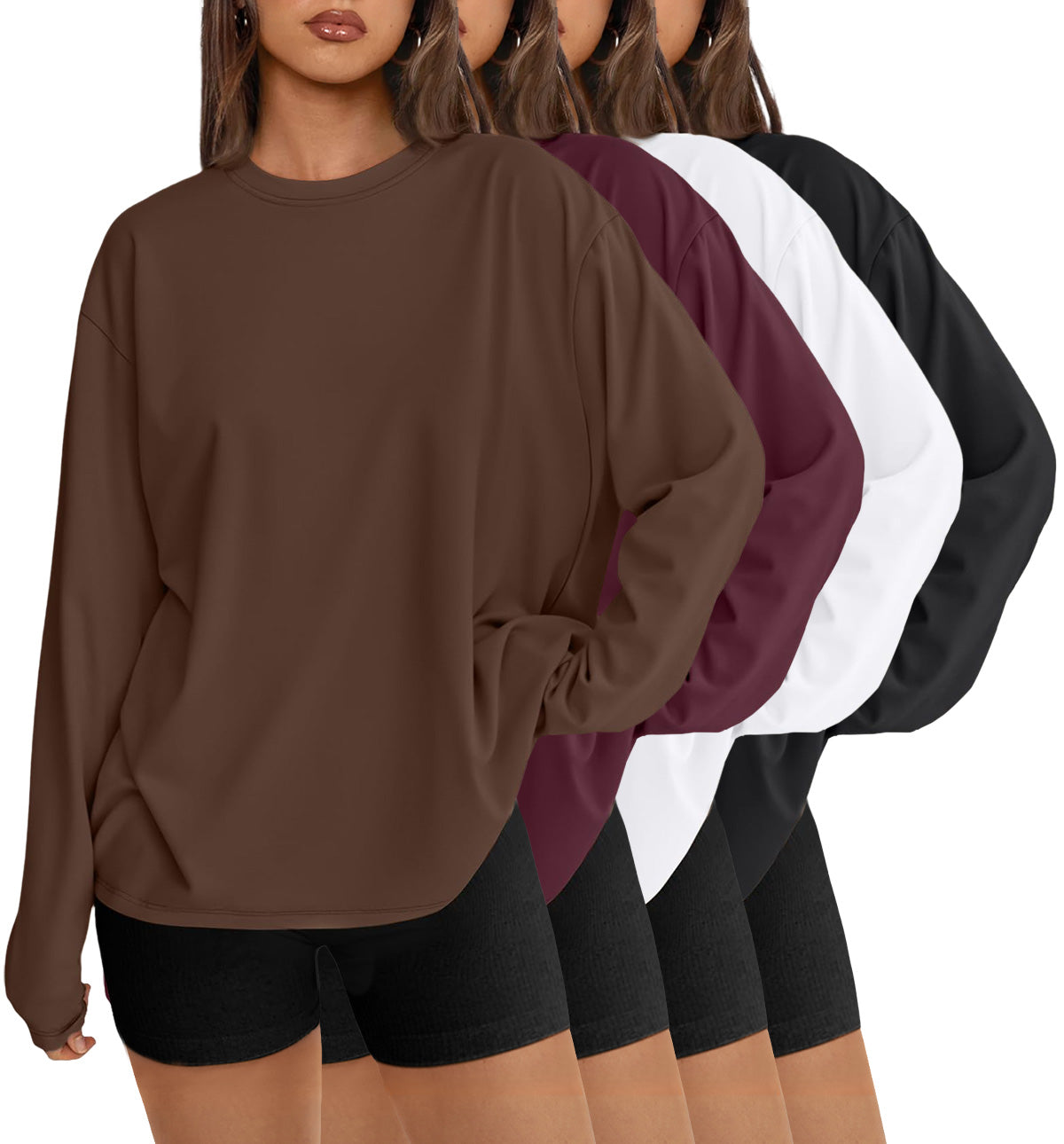 AUTOMET 4 Pack Womens Long Sleeve Oversized T Shirts 2026 Fall Workout Tops Gym Athletic, Trendy Outfits, Plus Size Fashion, Casual Basic Tee, Fitness Clothing, Cute Sweatshirts