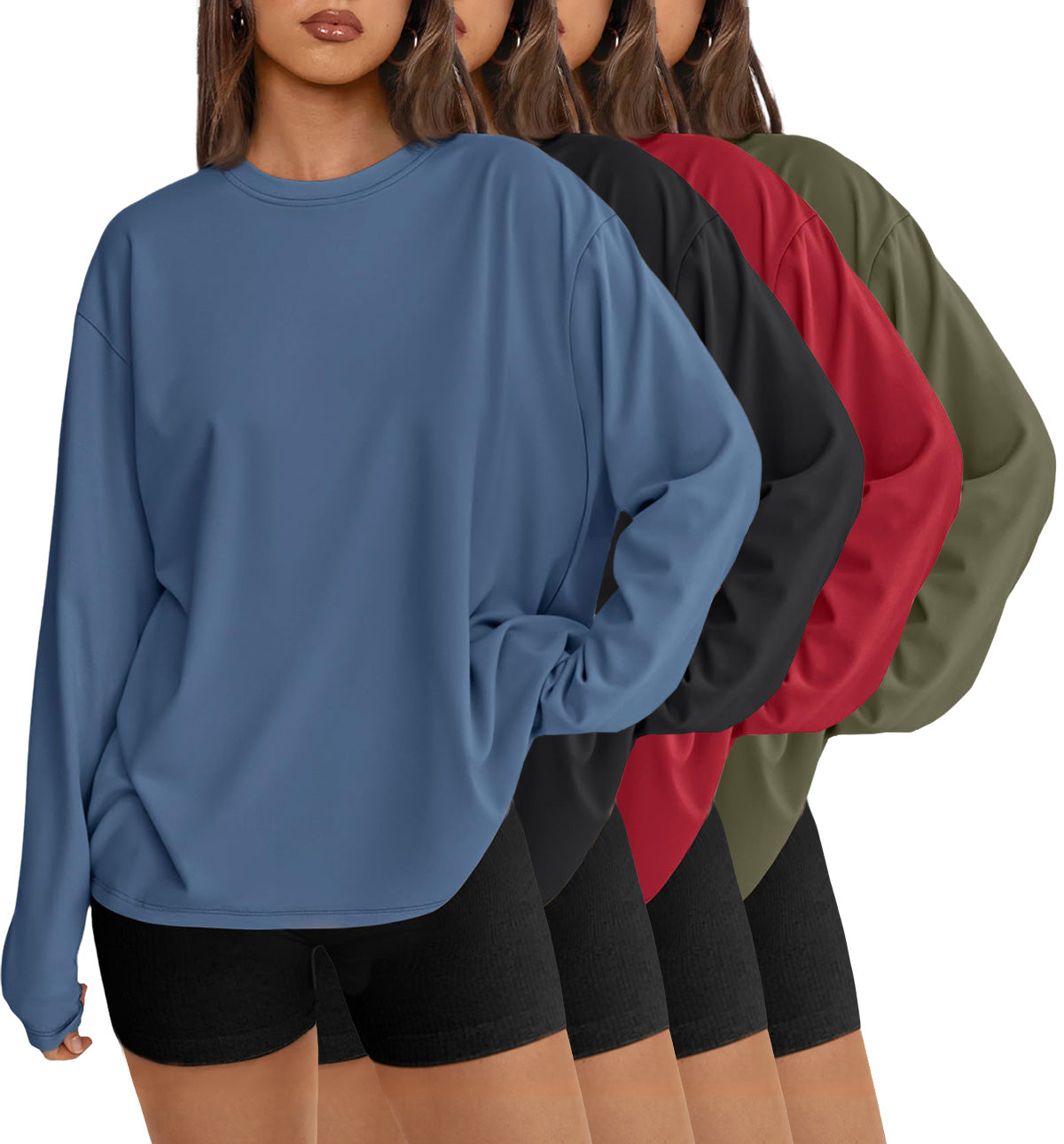 AUTOMET 4 Pack Womens Long Sleeve Oversized T Shirts 2026 Fall Workout Tops Gym Athletic, Trendy Outfits, Plus Size Fashion, Casual Basic Tee, Fitness Clothing, Cute Sweatshirts