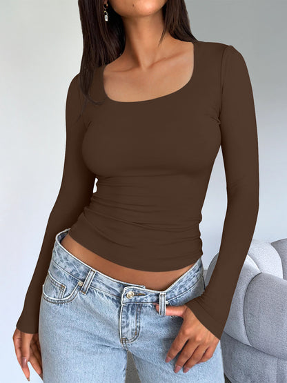 AUTOMET 4 Pack Double Lined Womens Long Sleeve Scoop Neck Slim Fitted Basic Tops