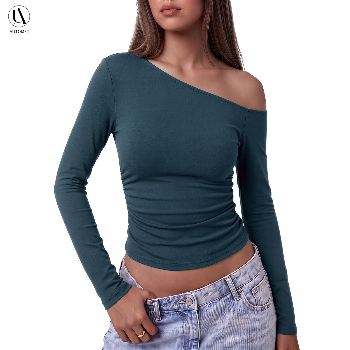 One-Shoulder Ruched Waist Top | Bias-Cut Neckline, Curve-Defining Slim Fit, Elegant Fall Winter Top for Parties & Travel