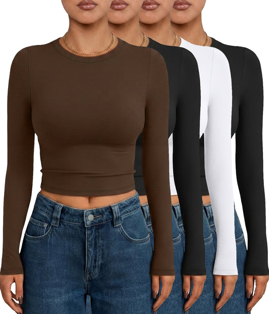 AUTOMET Women's Long Sleeve Crop Tops 4 Packs Going Out Workout Double Lined Shirts 2026 Fall Outfits Cute Teen Girl Clothes