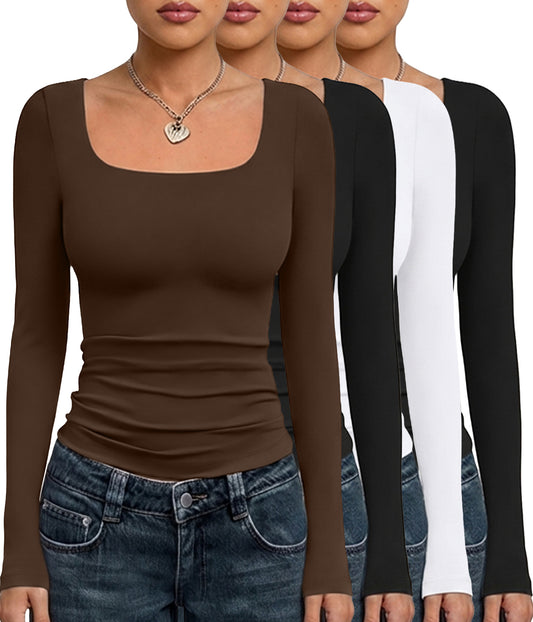 AUTOMET 4 Pack Double Lined Womens Long Sleeve Scoop Neck Slim Fitted Basic Tops
