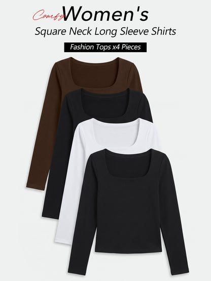 AUTOMET 4 Pack Double Lined Womens Long Sleeve Scoop Neck Slim Fitted Basic Tops