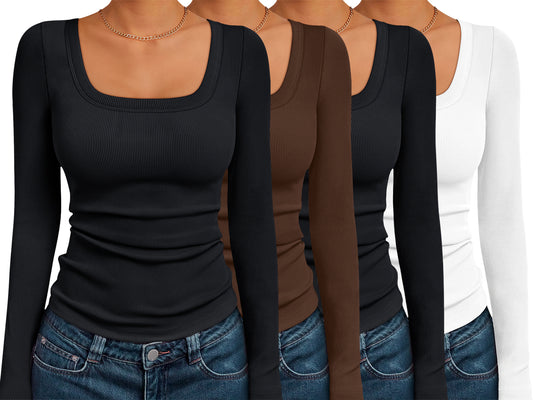 AUTOMET 4 Pack Women's Long Sleeve Shirts Fall Outfits Square Neck Crop Top | Ribbed Slim Fit Work Tops,Fall Winter Fashion Clothes 2026,Soft Fabric,Long Sleeve Tops for Women,Business Casual Outfits