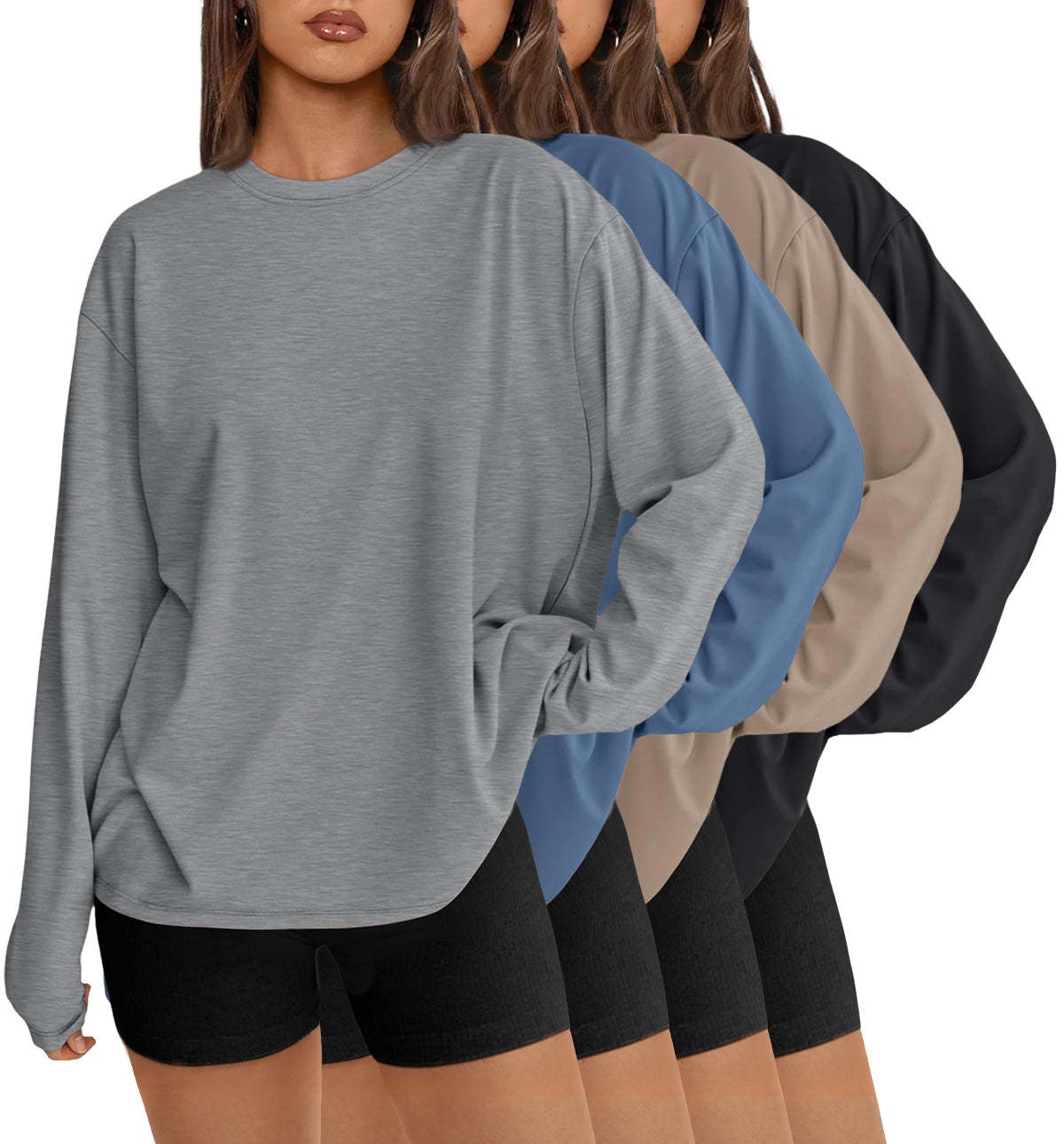AUTOMET 4 Pack Womens Long Sleeve Oversized T Shirts 2026 Fall Workout Tops Gym Athletic, Trendy Outfits, Plus Size Fashion, Casual Basic Tee, Fitness Clothing, Cute Sweatshirts