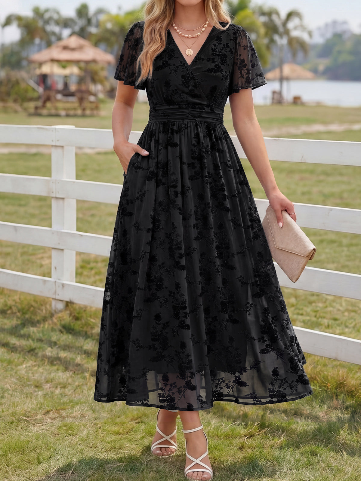 Summer Floral V Neck Maxi Dresses with Pockets