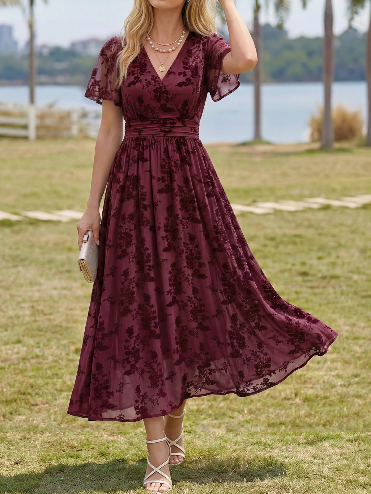 Summer Floral V Neck Maxi Dresses with Pockets