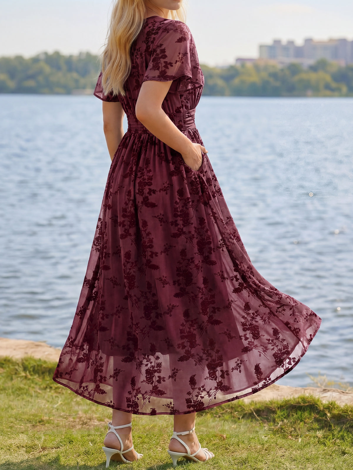 Summer Floral V Neck Maxi Dresses with Pockets