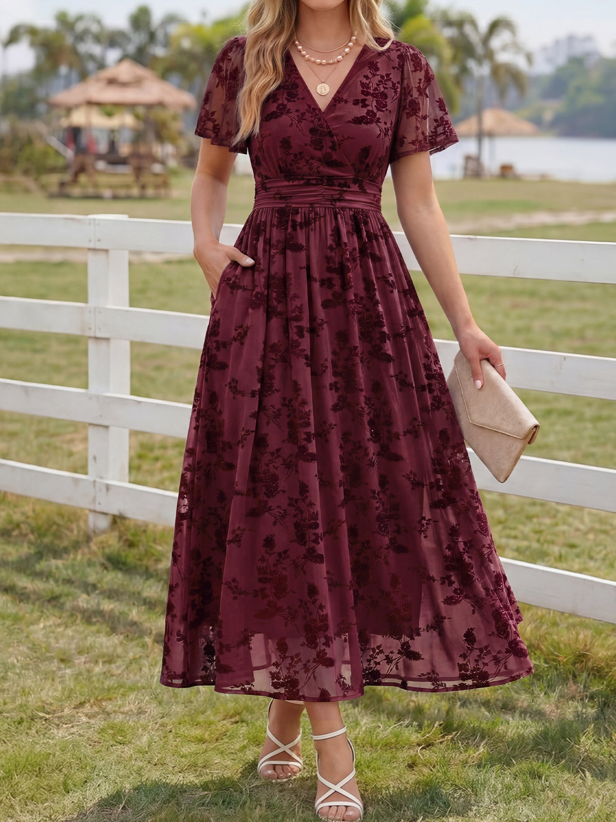Summer Floral V Neck Maxi Dresses with Pockets