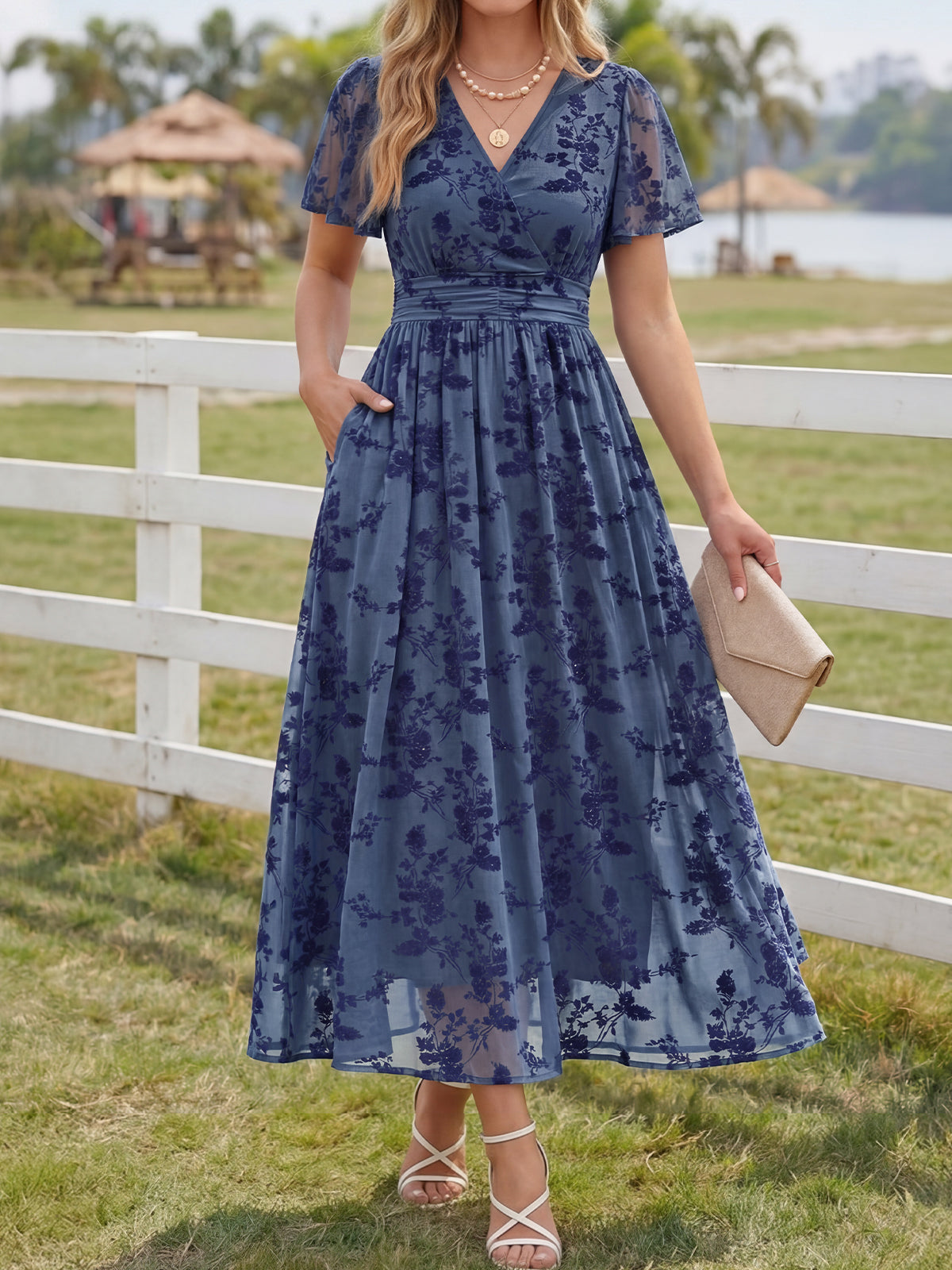 Summer Floral V Neck Maxi Dresses with Pockets