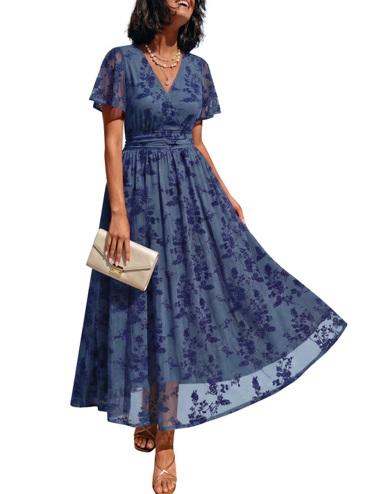 Summer Floral V Neck Maxi Dresses with Pockets